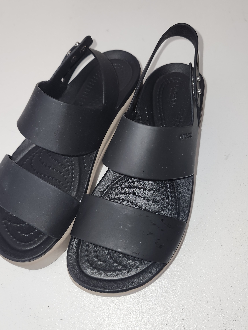 CROCS Women's Black and Cream Dual-Strap Sandals (Spots On Top See First Pic)